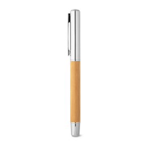 ELYSIA. Caneta roller em aço inox 90% reciclado e bambu com escrita em azul