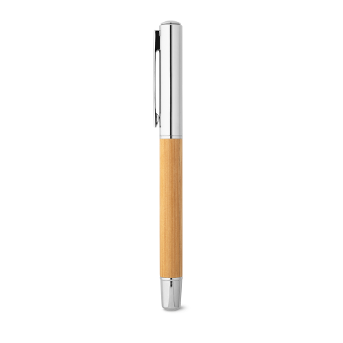 ELYSIA. Caneta roller em aço inox 90% reciclado e bambu com escrita em azul
