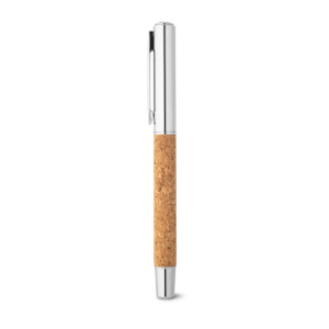 ANDREW. Caneta roller em aço inox 90% reciclado e cortiça com escrita em azul