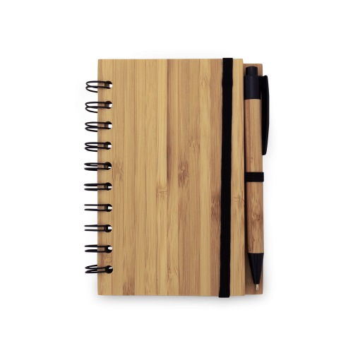 DICKENS A6. Caderno A6 espiral de capa dura em bambu, com páginas pautadas em papel 100% reciclado