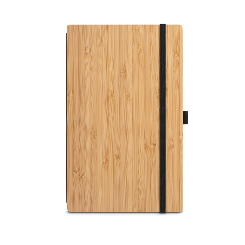 BUARQUE A5. Caderno A5 de capa e contracapa em placa de bambu e lombada em PET 100% reciclado, com páginas pautadas recicladas