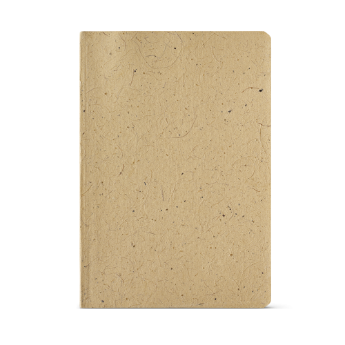 COCOPAD. Caderno A5 em casca de coco (60%) e trapos de algodão (40%), com 160 páginas pautadas recicladas