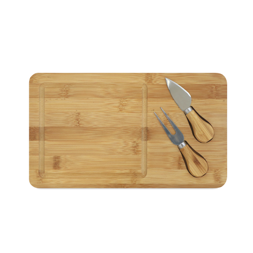 WOODS. Tábua de queijos em bambu com 2 utensílios em bambu e aço inox