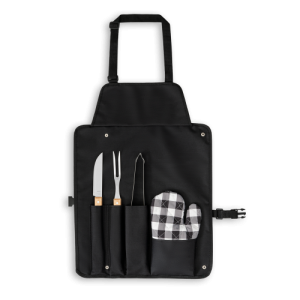 CHAMP. Kit churrasco com 3 utensílios em aço inox e madeira de Seringueira e luva