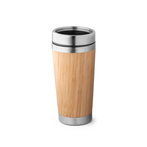 PIETRO. Copo de viagem térmico em aço inox e bambu, de parede dupla isolada a ar (500 mL)