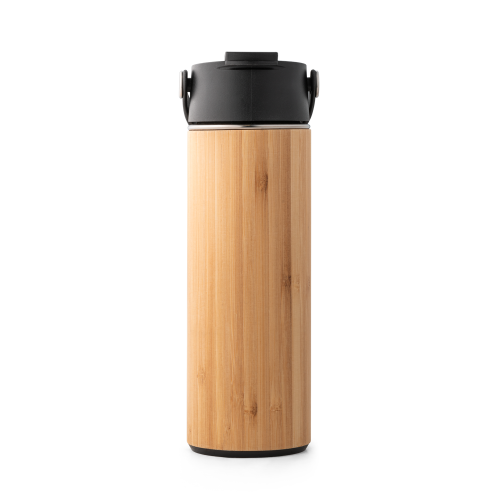 LAVER. Garrafa térmica em aço inox e bambu, de parede dupla isolada a vácuo (440 mL)