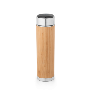 JOSHUA. Garrafa térmica em aço inox e bambu, de parede dupla isolada a vácuo, com termómetro digital (430 mL)