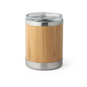 LYCKA. Copo de viagem térmico em aço inox e bambu, de parede dupla isolada a ar e fecho deslizante (350 mL)