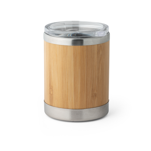 LYCKA. Copo de viagem térmico em aço inox e bambu, de parede dupla isolada a ar e fecho deslizante (350 mL)